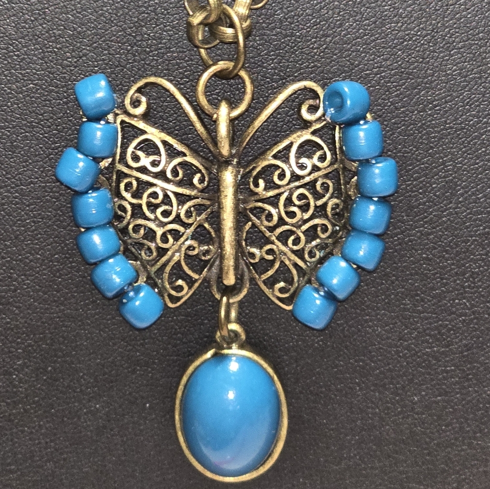 Antique Metal Chain Butterfly Blue Beads Pendant Necklace Lot 8
